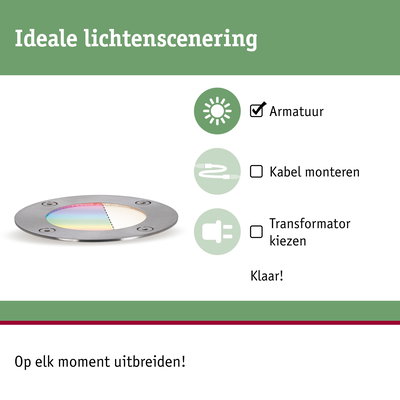 Ronde inbouwspot van roestvrij staal met gekleurd glas en montage-instructies voor lichtscène