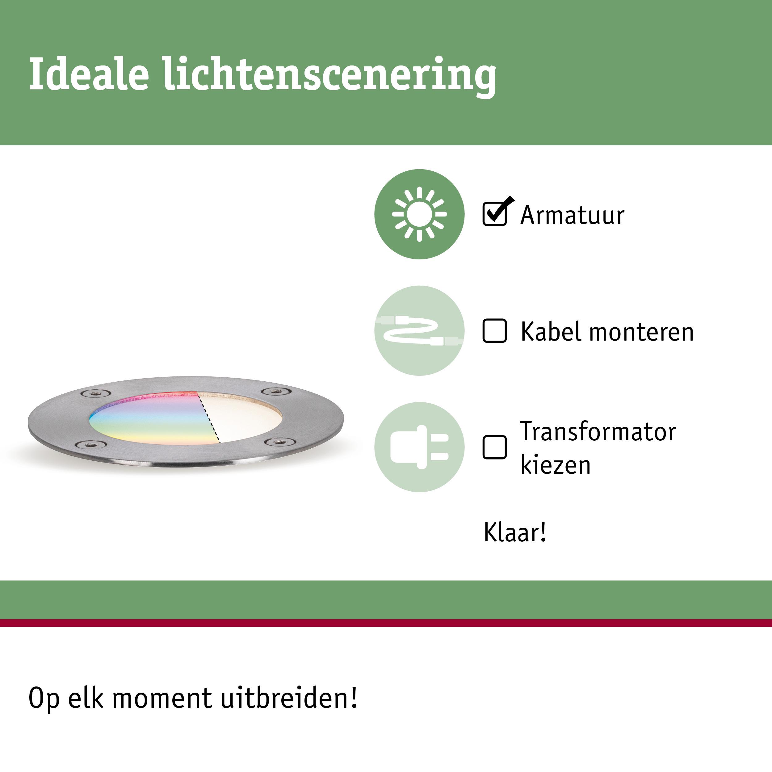Ronde inbouwspot van roestvrij staal met gekleurd glas en montage-instructies voor lichtscène