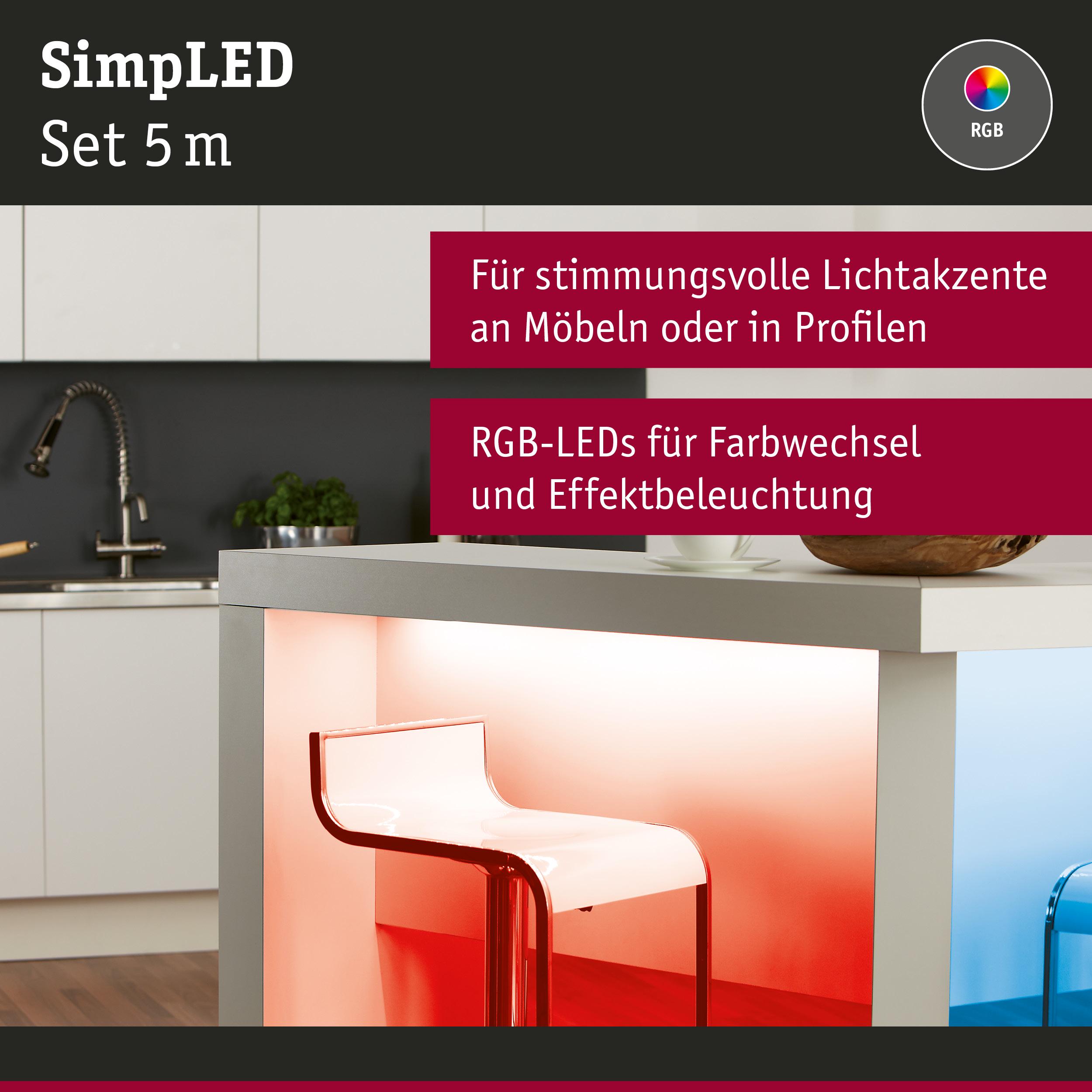 RGB LED-Lichtleiste 5m für stimmungsvolle Lichtakzente an Möbeln und Profilen in Weiß und Blau