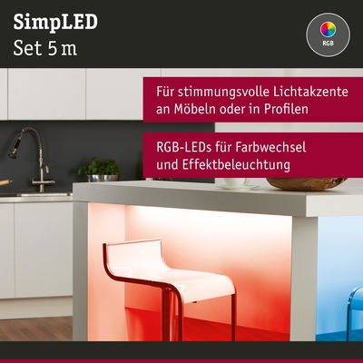 RGB LED-Lichtleiste 5m für stimmungsvolle Lichtakzente an Möbeln und Profilen in Weiß und Blau