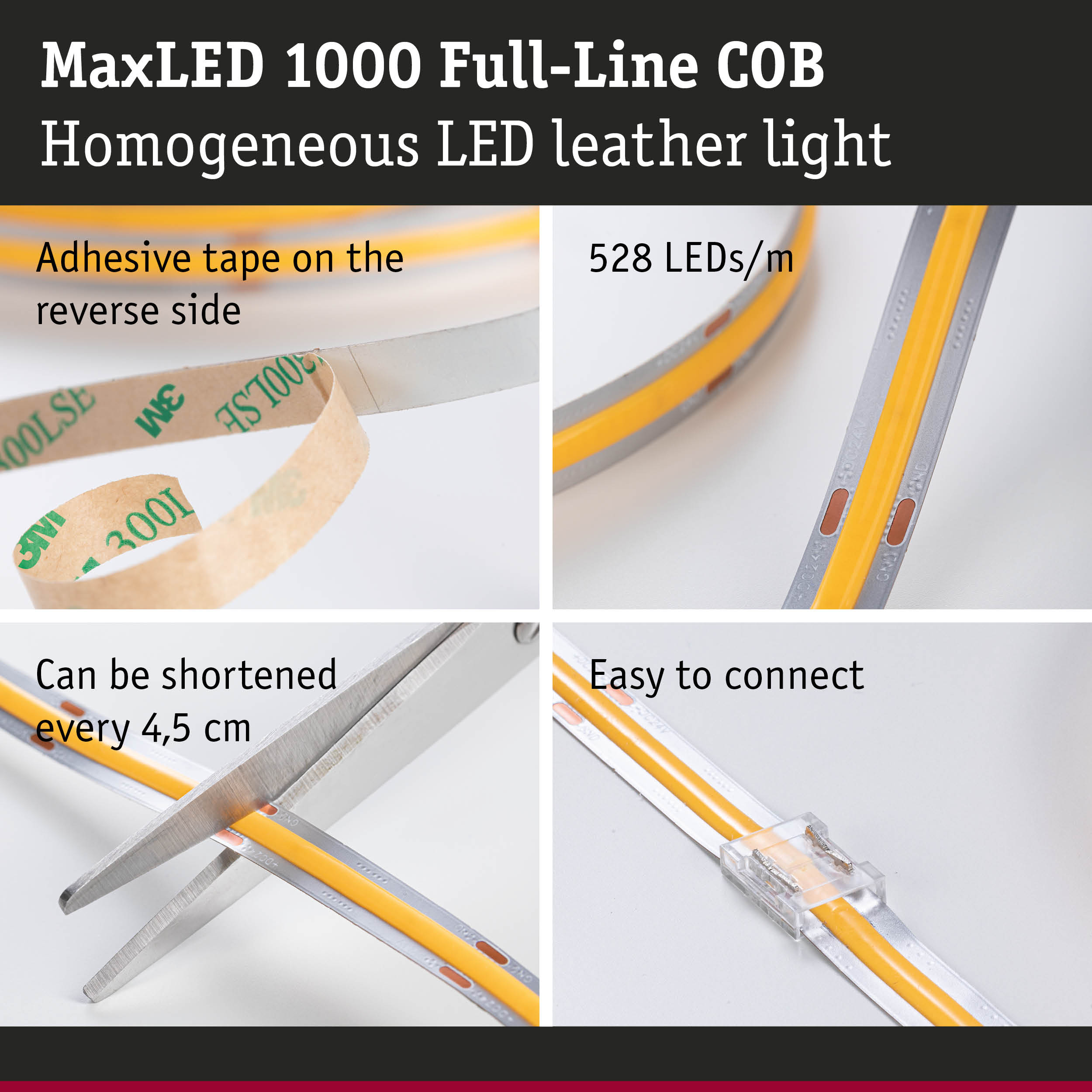 MaxLED 1000 COB LED strip with adhesive tape, yellow and silver, cuttable every 4.5 cm, easy to connect