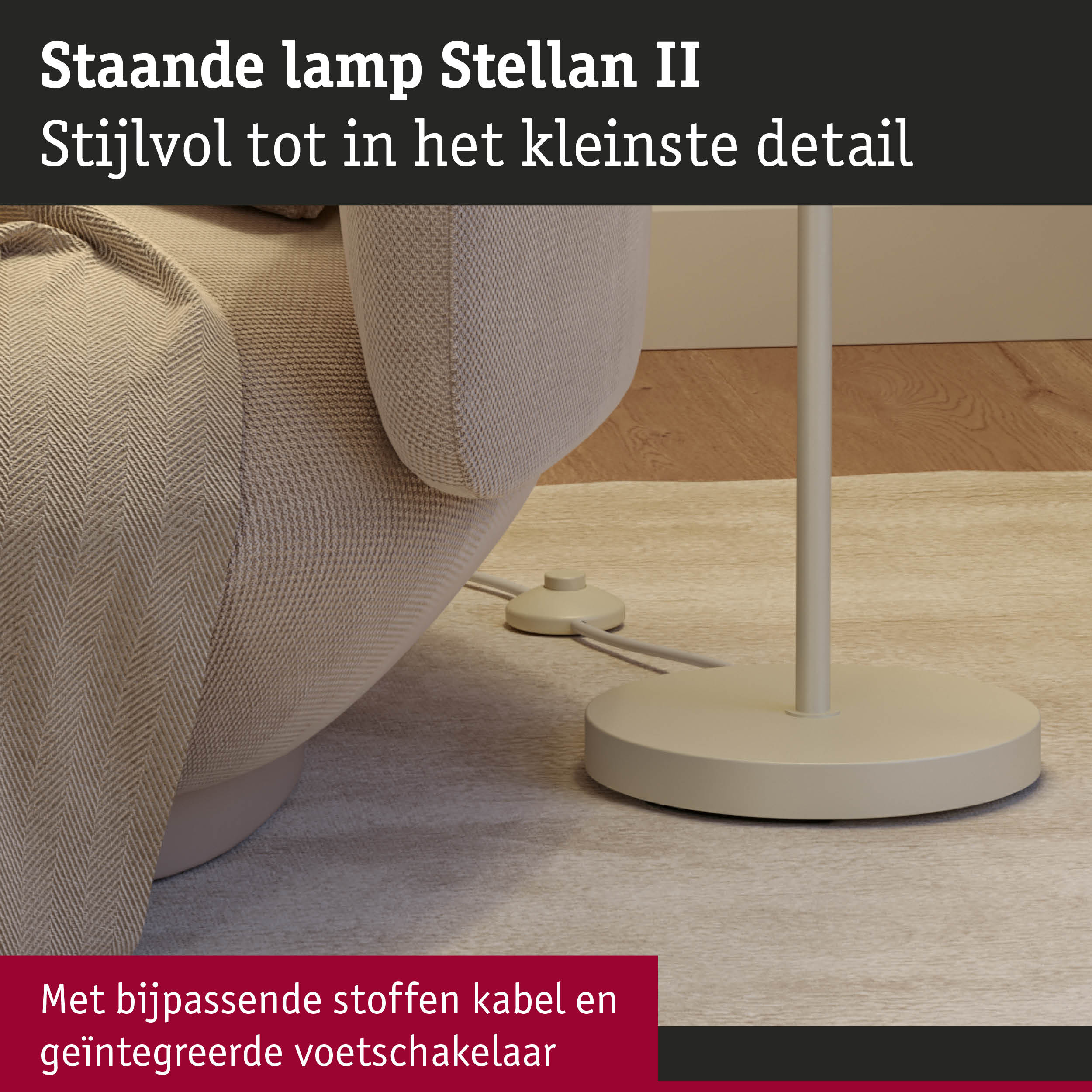 Staande lamp Stellan II beige met stoffen kabel en geïntegreerde voetschakelaar voor sfeerverlichting