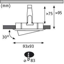 Technical drawing of a recessed spotlight with 93x93 mm size and 30-degree tilt made of aluminum.
