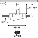 Technical drawing of a recessed spotlight with 93x93 mm size and 30-degree tilt made of aluminum.