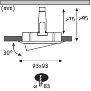 Technical drawing of a recessed spotlight with 93x93 mm size and 30-degree tilt made of aluminum.