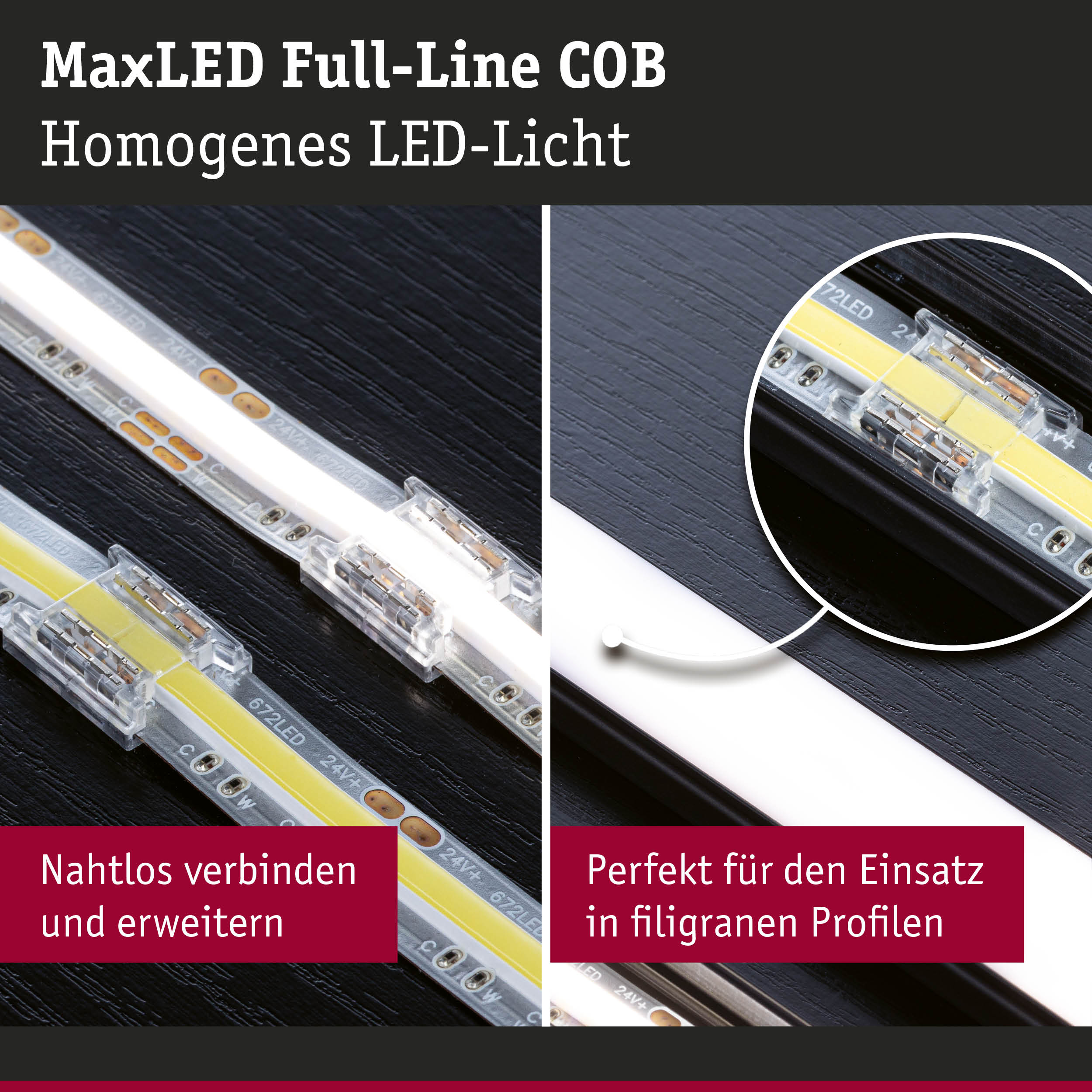 MaxLED Full-Line COB LED-Streifen mit nahtloser Verbindung für filigrane Profile in Weißlicht
