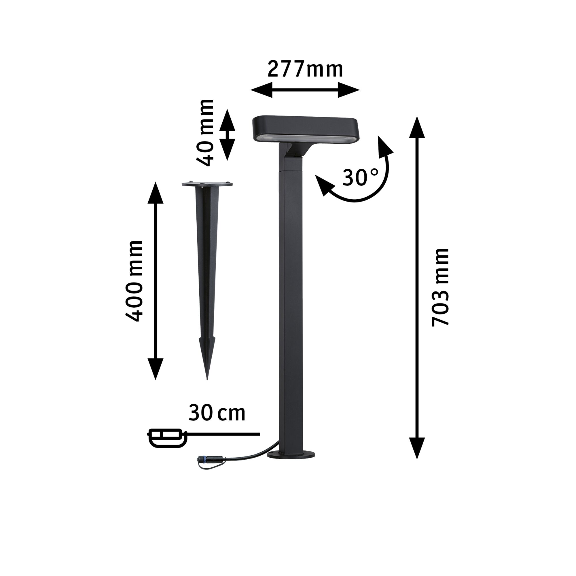 Schwarze LED-Außenleuchte aus Metall mit Erdspieß, 703 mm hoch, 30 cm Kabel, 30° neigbar