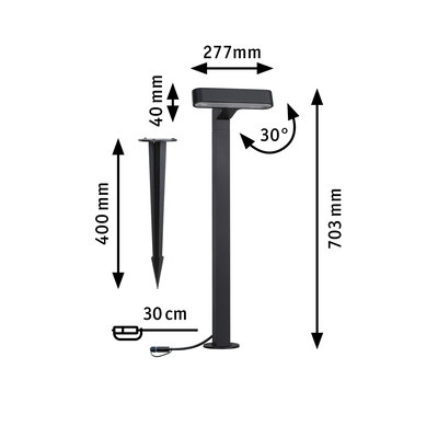 Schwarze LED-Außenleuchte aus Metall mit Erdspieß, 703 mm hoch, 30 cm Kabel, 30° neigbar