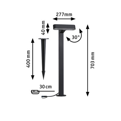 Schwarze LED-Außenleuchte aus Metall mit Erdspieß, 703 mm hoch, 30 cm Kabel, 30° neigbar