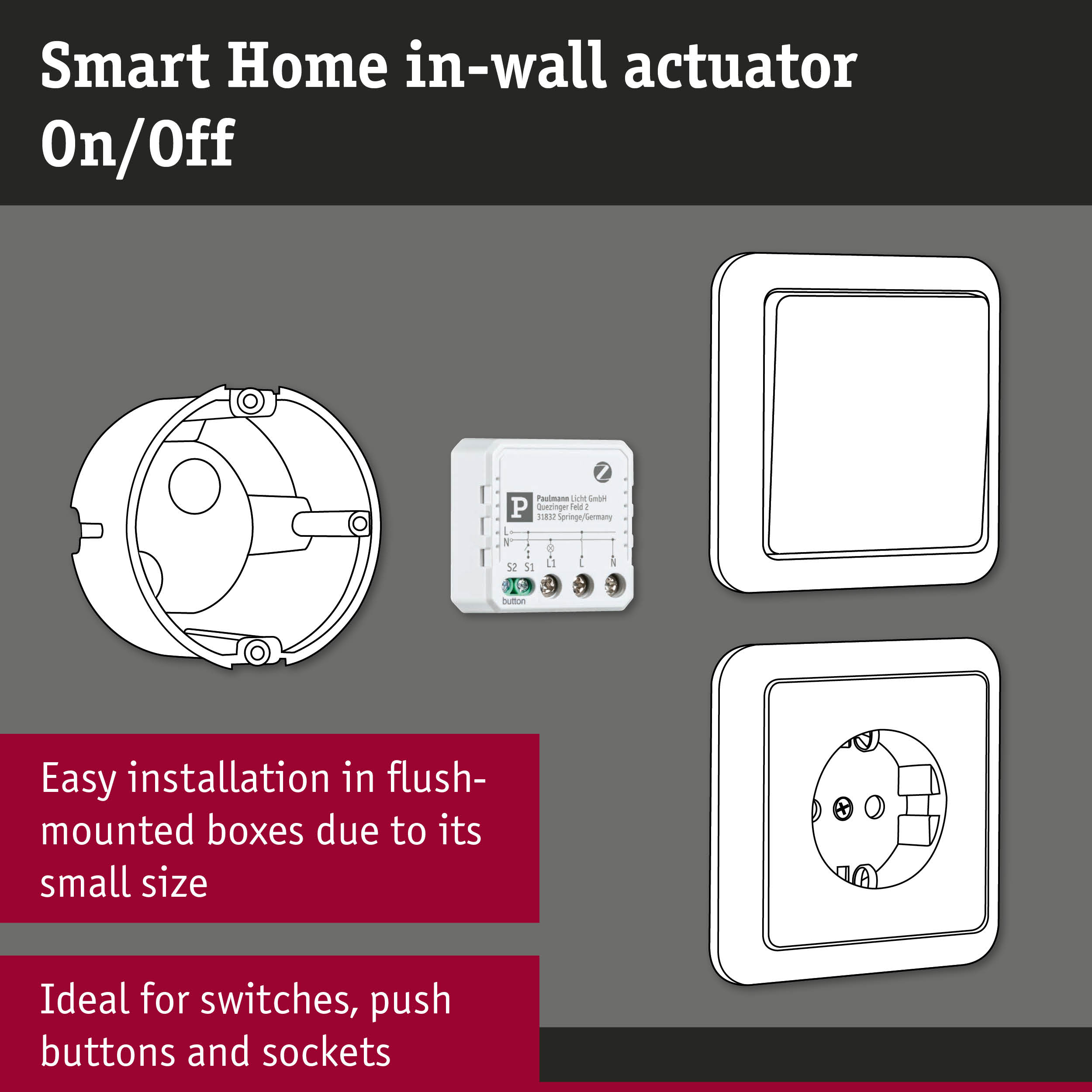 Smart Home white in-wall actuator for on/off control, suitable for switches and sockets