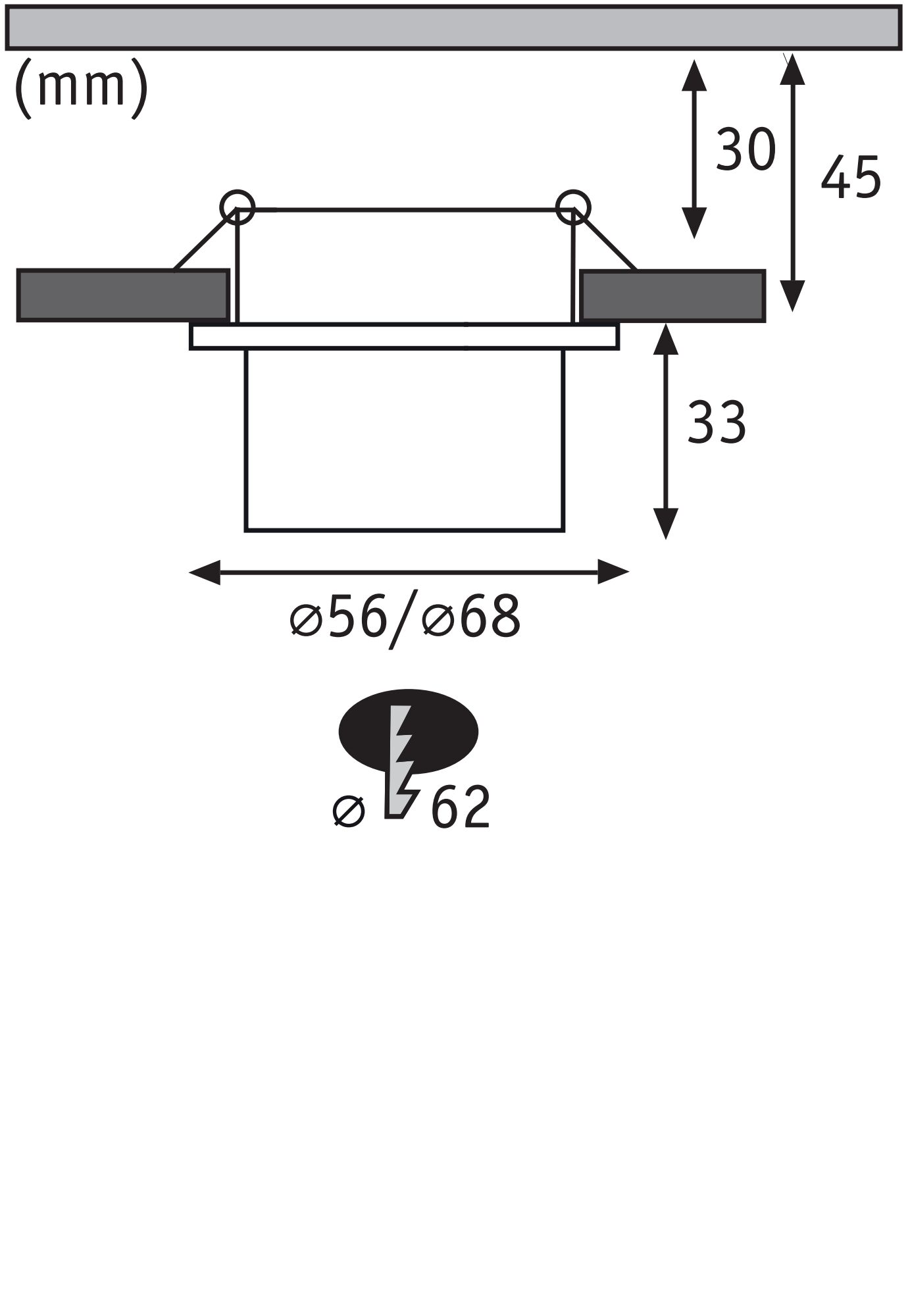 Schéma technique avec dimensions pour spot encastré Ø56/68 mm, profondeur d'installation 33 mm, découpe Ø62 mm