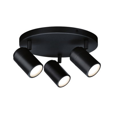 Black metal LED ceiling light with three adjustable spotlights for modern home lighting