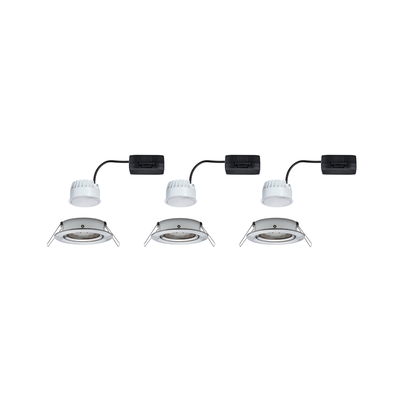Three white LED recessed spotlights with black connector cables and mounting clips for ceiling installation