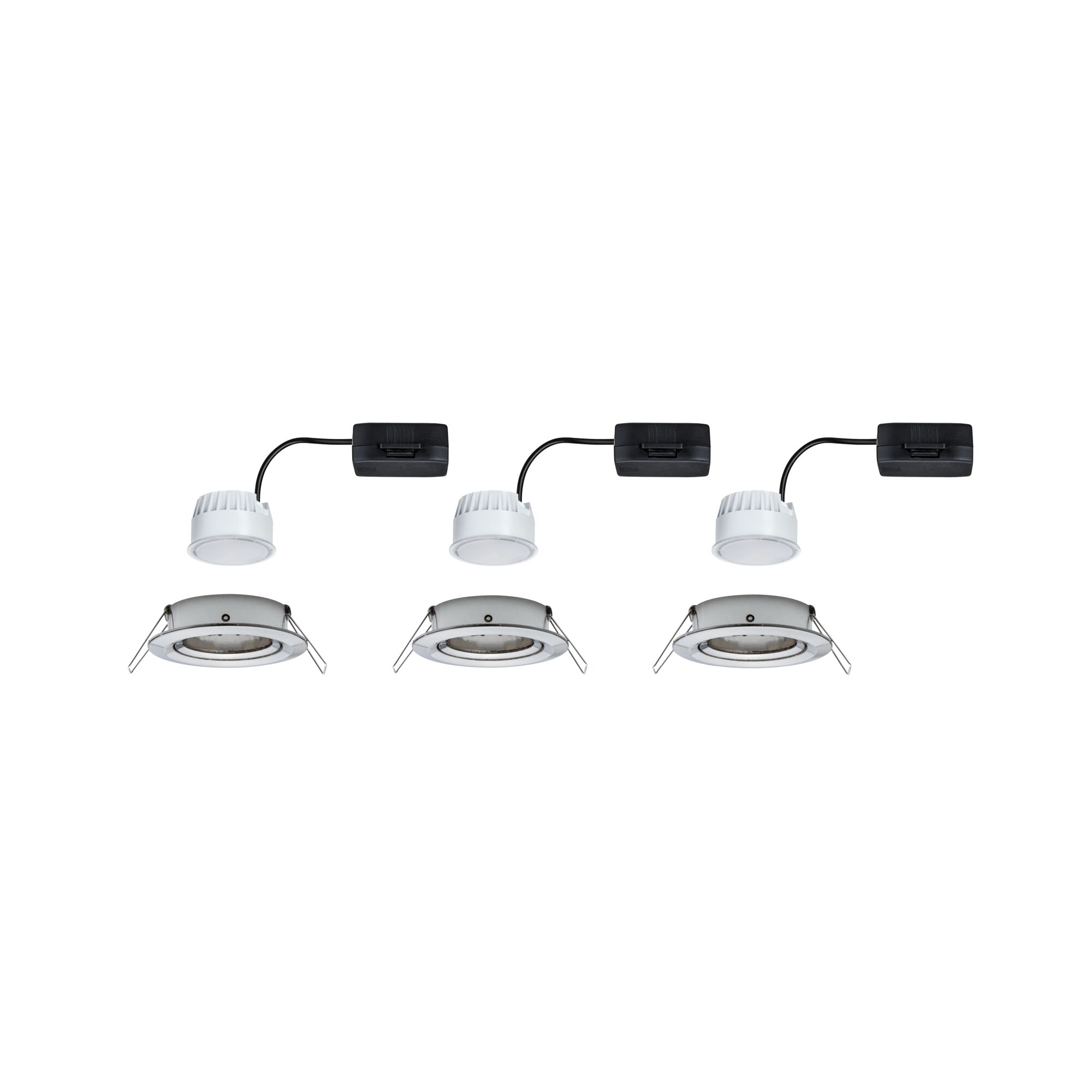 Tre hvide LED-indbygningsspots med sort tilslutningskabel og monteringsclips til loftmontering