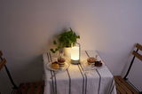 Modern portable white LED table lamp on a set table with cakes and a green plant.