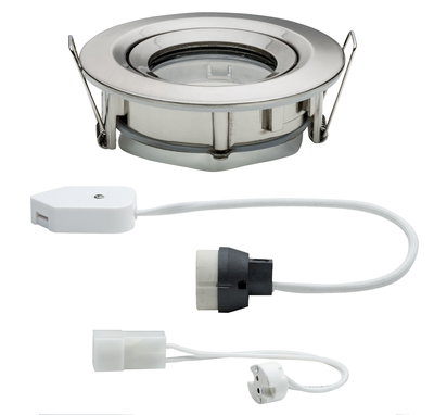 Round recessed spotlight in brushed stainless steel with white cable and socket for LED lighting
