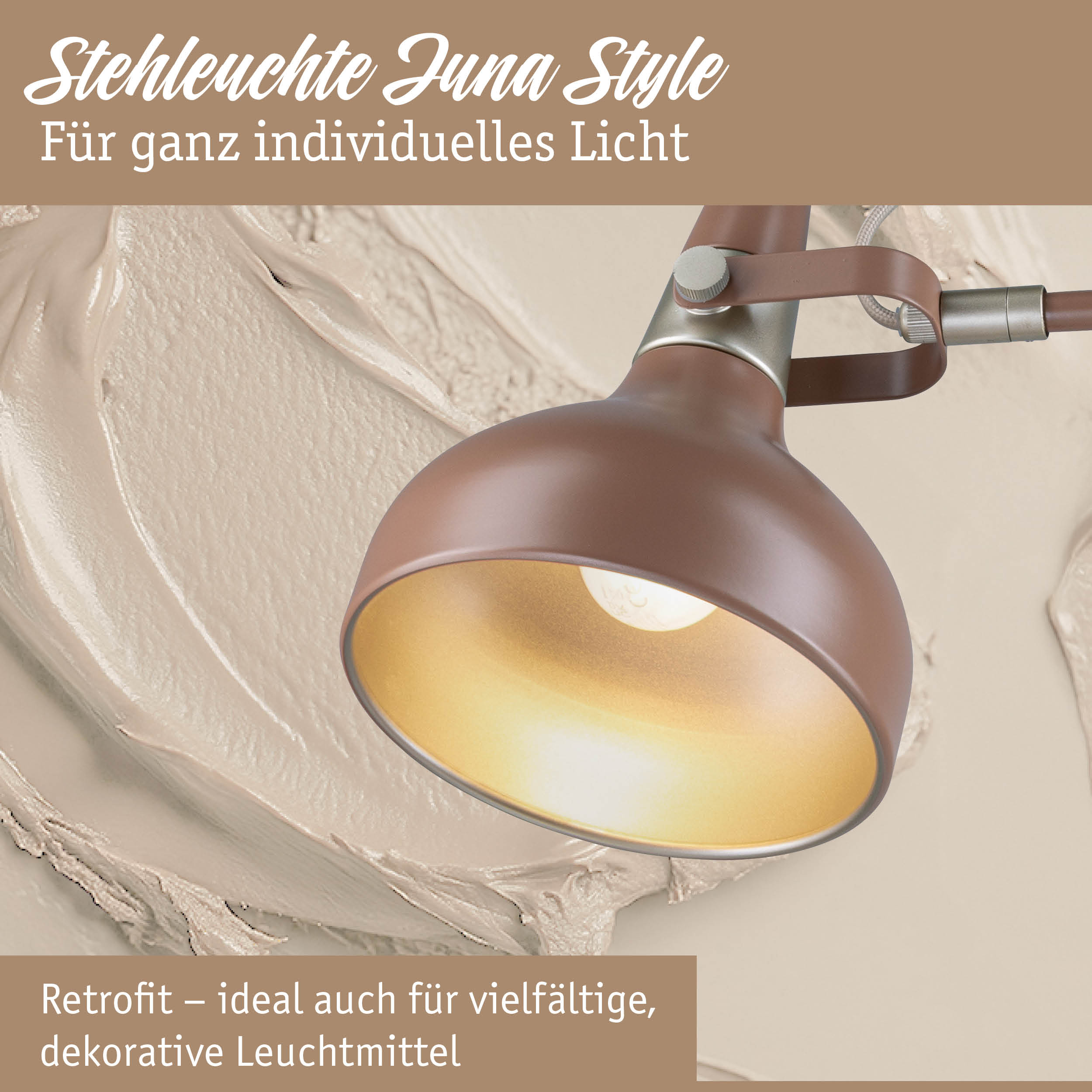 Stehleuchte Juna Style in Braun mit goldfarbenem Innenring für individuelles Licht und Retro-Design