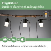 Lampes LED noires Plug & Shine avec lumière blanc chaud suspendues à une branche en bois naturel pour éclairage jardin