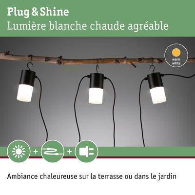 Lampes LED Plug & Shine noires avec lumière blanche chaude suspendues sur branche pour terrasse et jardin