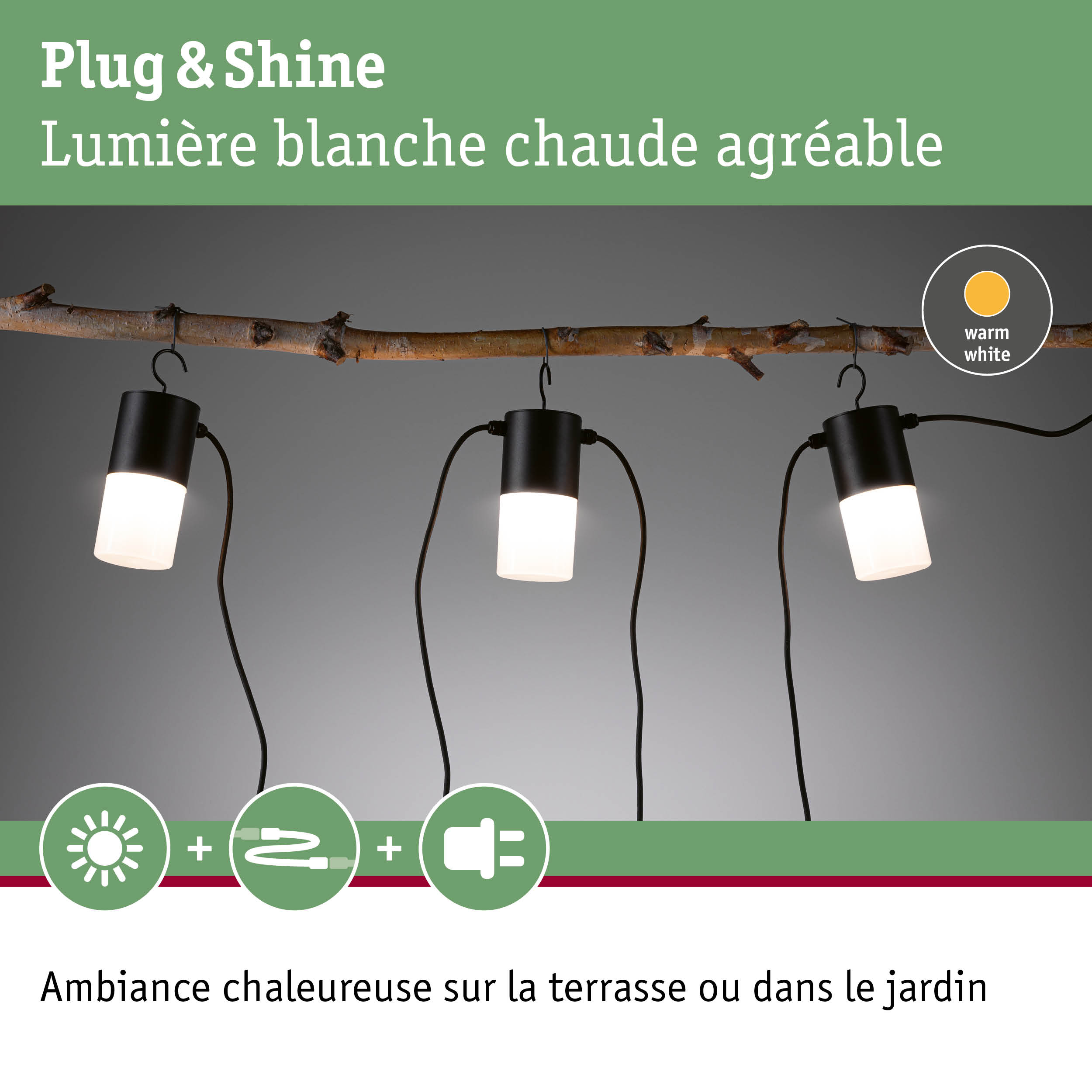 Lampes LED noires Plug & Shine avec lumière blanc chaud suspendues à une branche en bois naturel pour éclairage jardin