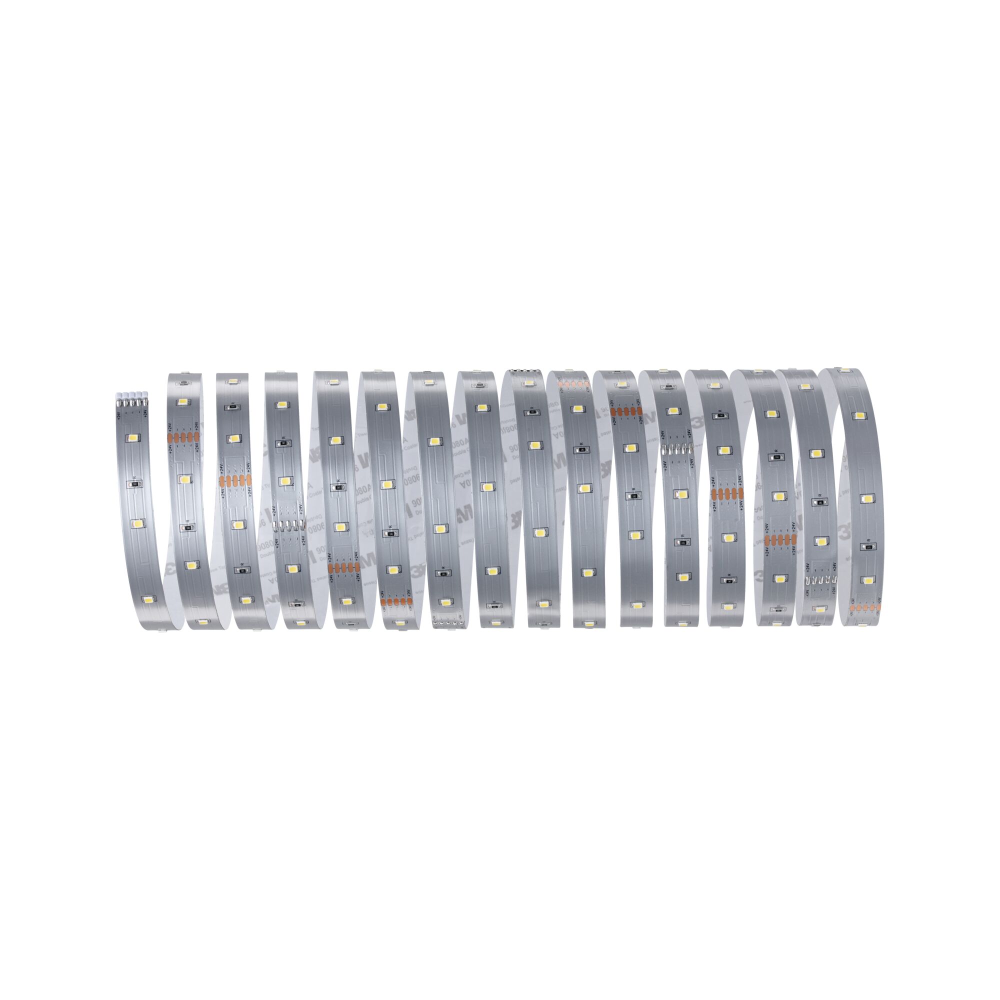 Flexible silver LED strip with warm white LEDs for modern lighting accents and room illumination.