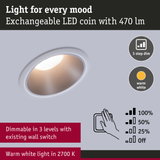 White LED recessed spotlight with exchangeable LED coin, 470 lumens, dimmable in 3 levels