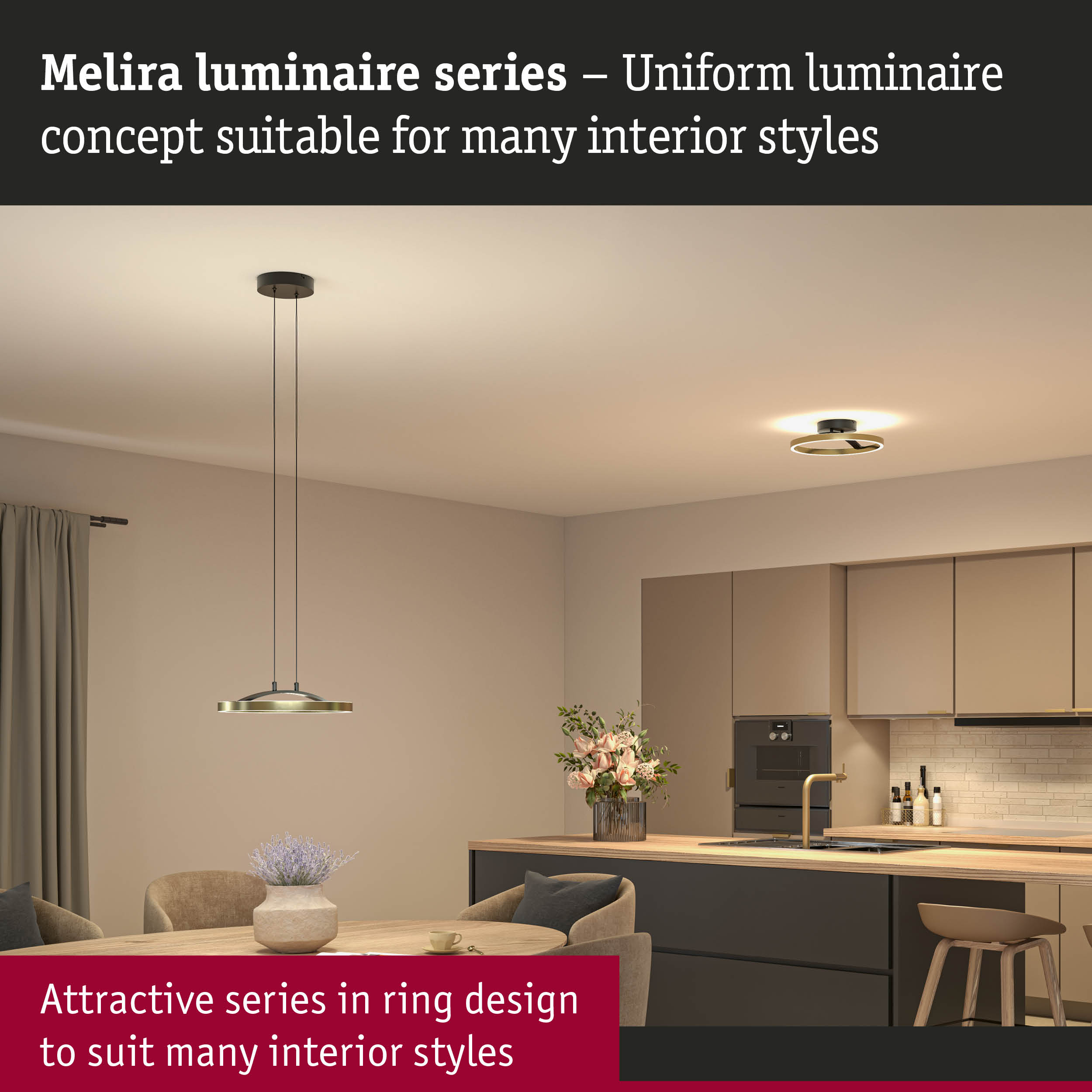 Melira luminaire series with black ring design for versatile interior lighting and modern kitchen illumination