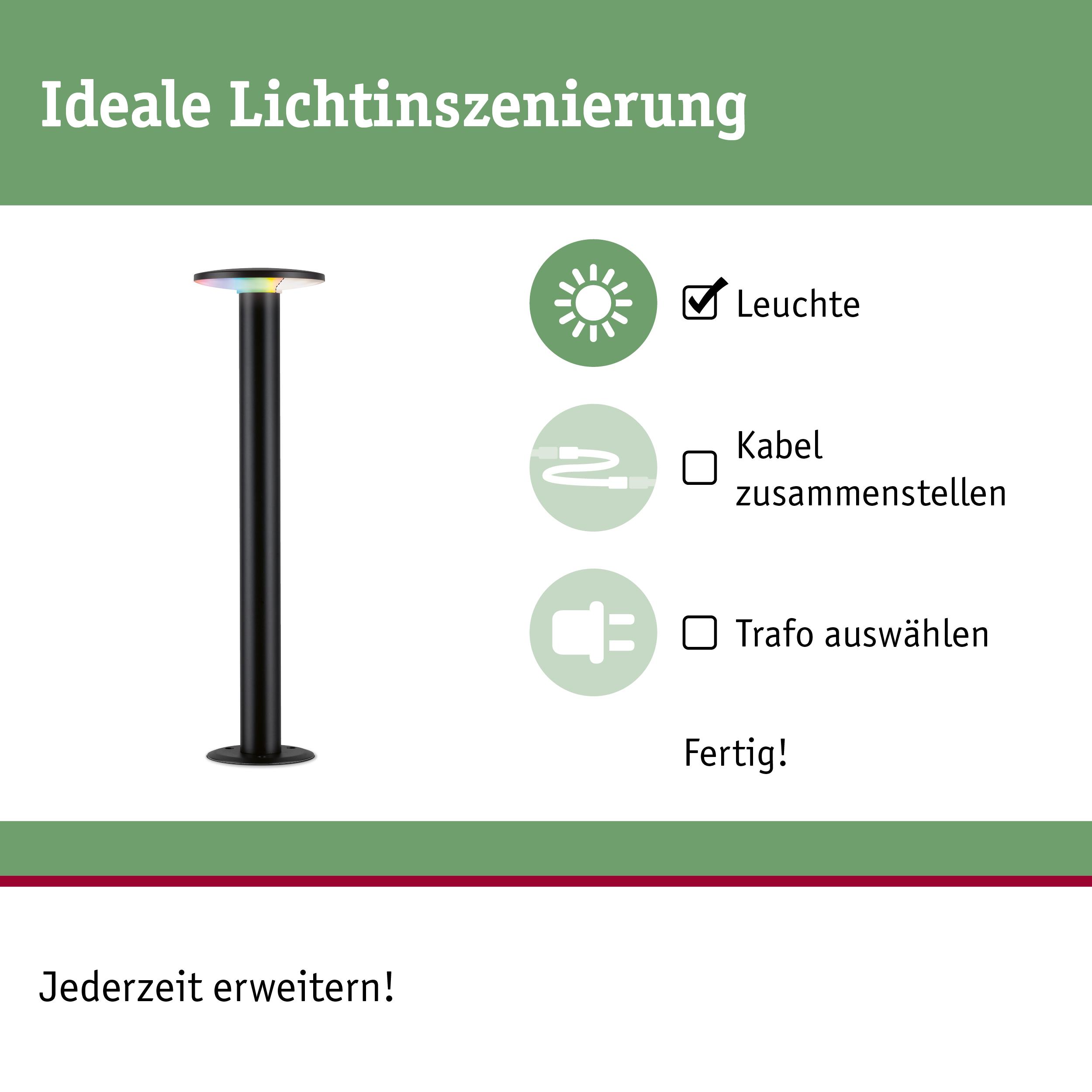 Schwarze Stehleuchte mit flacher, bunter LED-Leuchtfläche für moderne Lichtinszenierung.