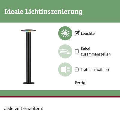 Schwarze Stehleuchte mit flacher, bunter LED-Leuchtfläche für moderne Lichtinszenierung.