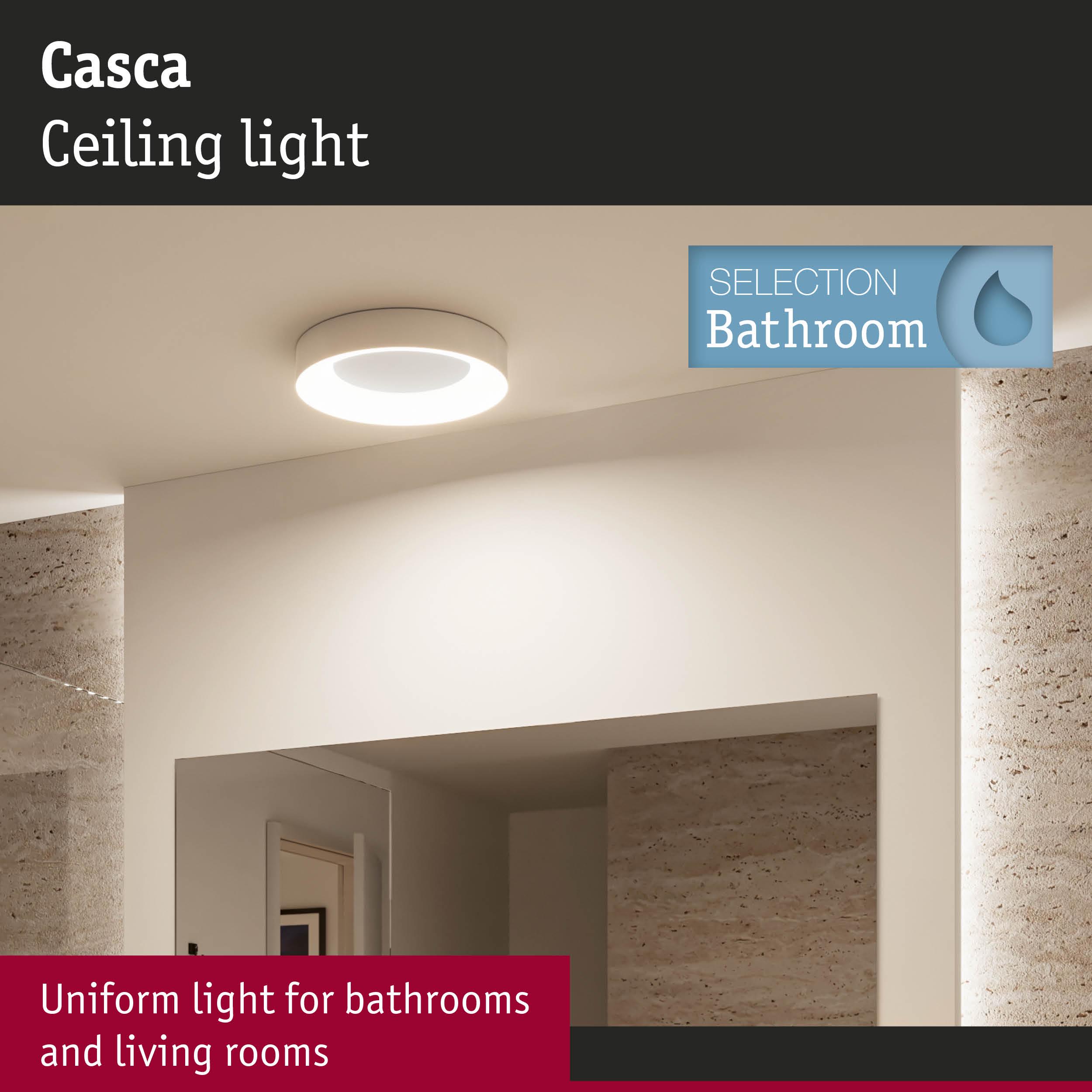 Casca white ceiling light for bathrooms providing uniform illumination with sleek modern style