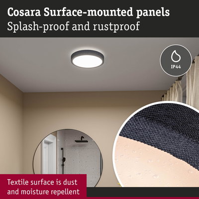 Cosara surface-mounted ceiling light with black textile dust and moisture repellent surface IP44