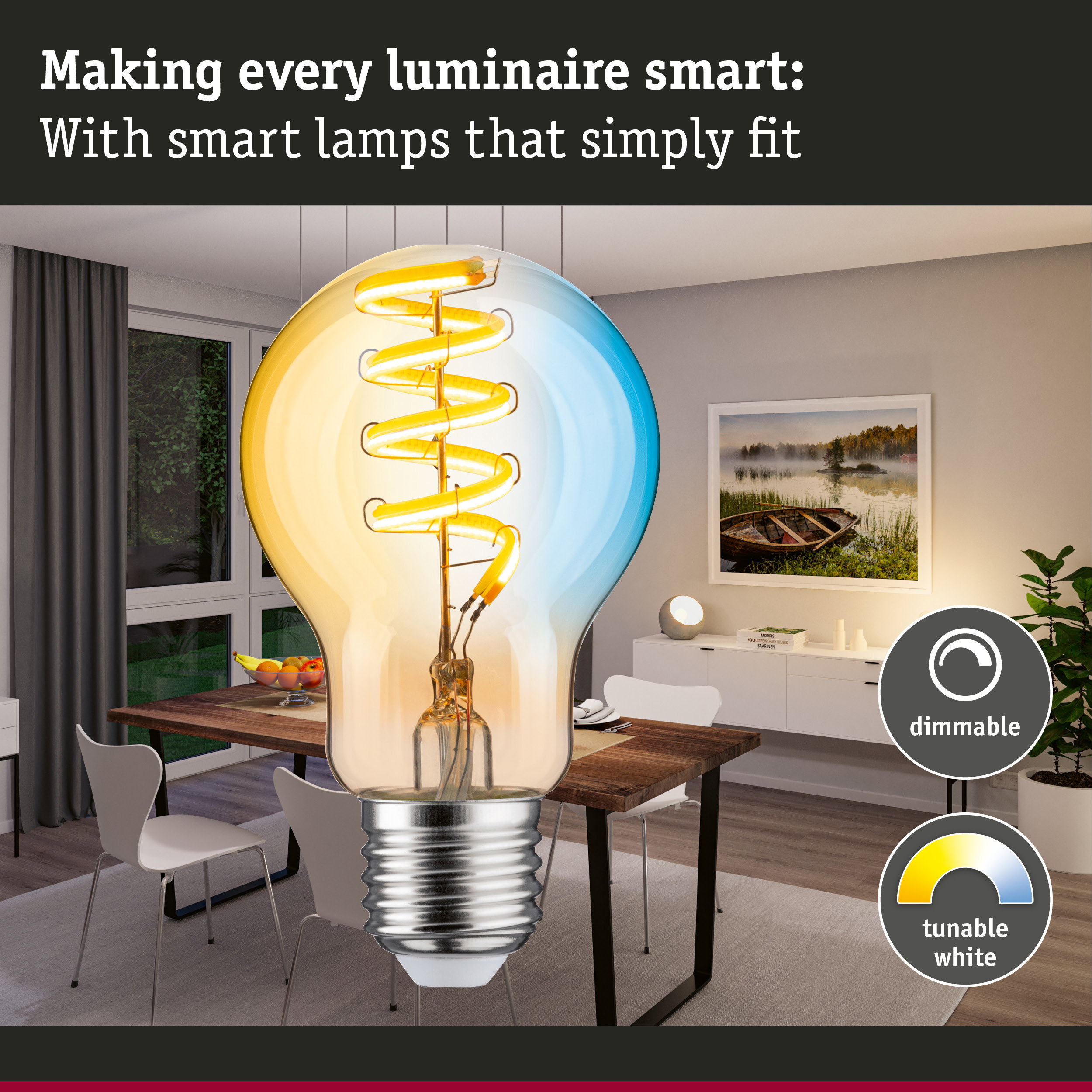 Large dimmable LED light bulb with tunable warm white light in modern dining room setting