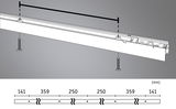 Technische Zeichnung einer weißen LED-Aluminiumleiste mit Schrauben und Maßangaben in Millimetern.