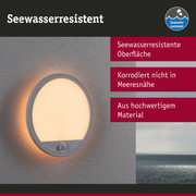Runde Außenwandleuchte mit weißem Rahmen und warmem Licht, seewasserresistent für Küstenbereiche