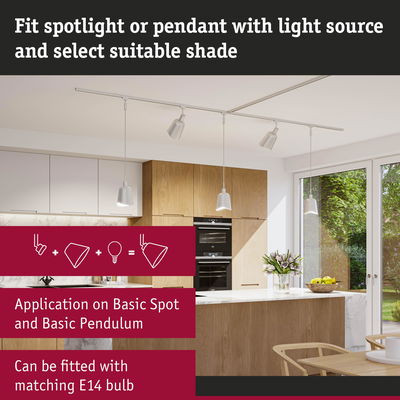 Modern white pendant lights and spotlights in wooden kitchen setting with E14 bulb fitting for home lighting