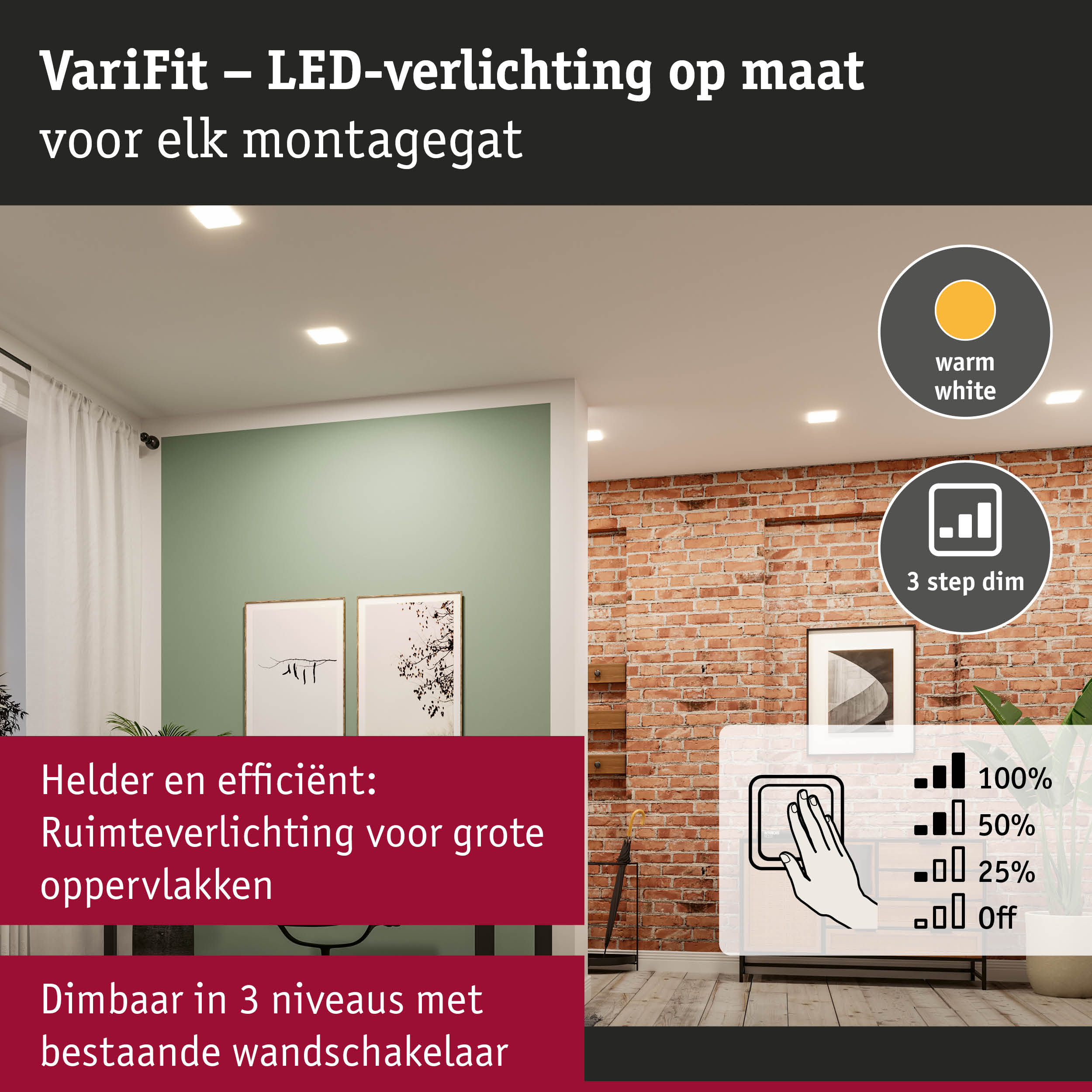 VariFit LED-plafondlamp met warm wit licht en 3-traps dimfunctie voor efficiënte kamerverlichting