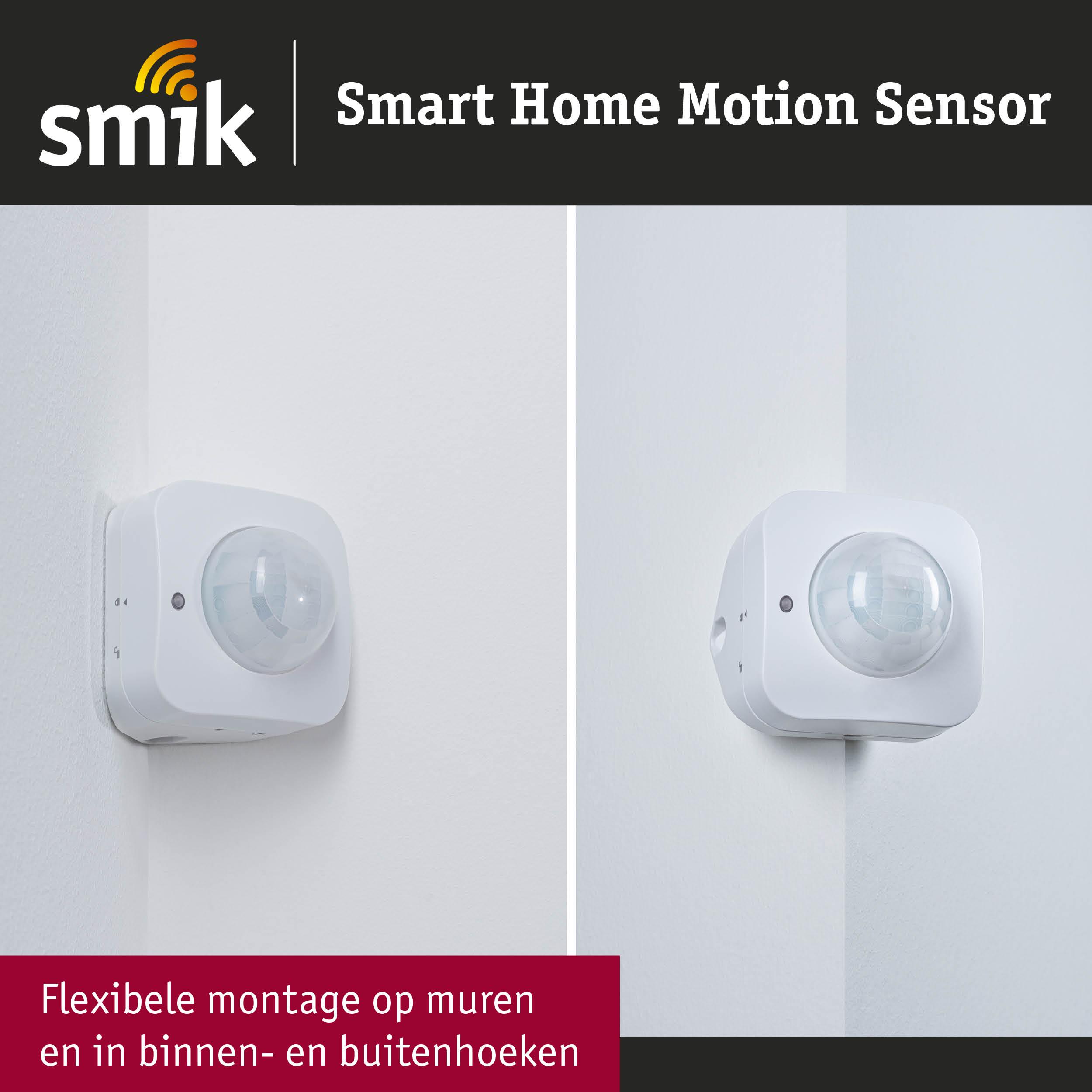 Witte smart home bewegingssensor flexibel te monteren op muren en binnen- en buitenhoeken