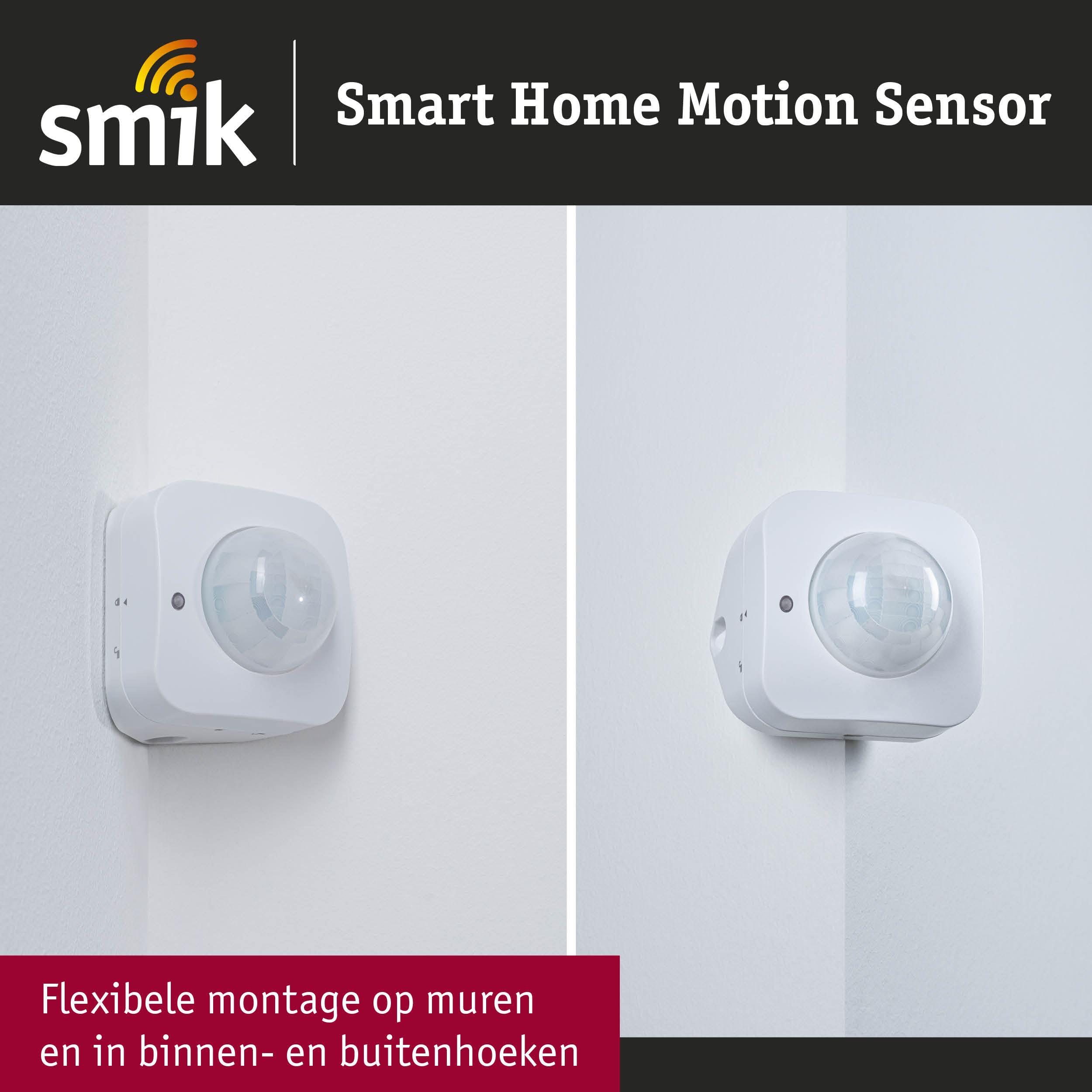 Witte smart home bewegingssensor aan muur gemonteerd voor flexibele montage in binnen- en buitenhoeken