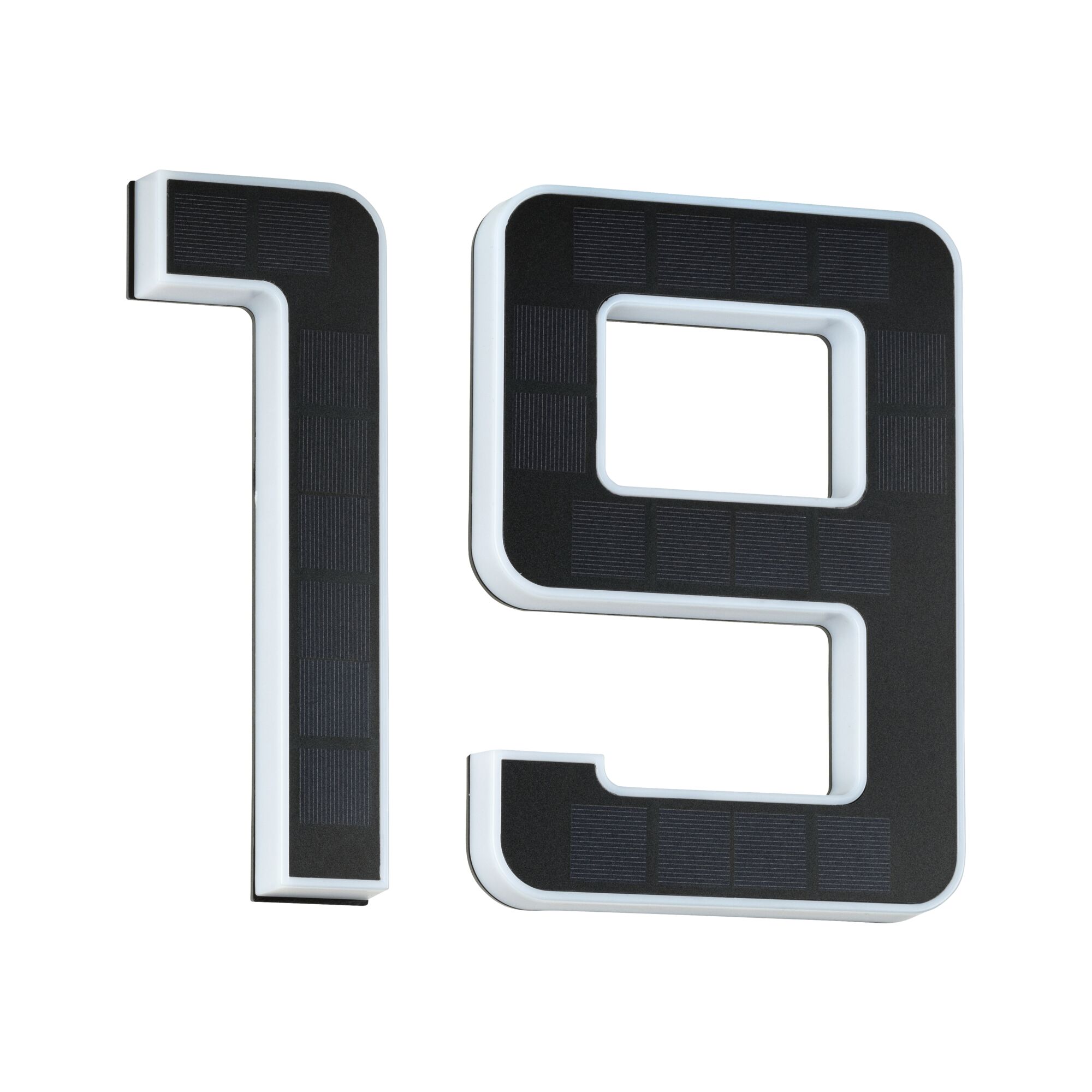 House number 19 in black with white LED edges and solar panels for outdoor lighting