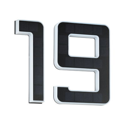 House number 19 in black with white LED edges and solar panels for outdoor lighting