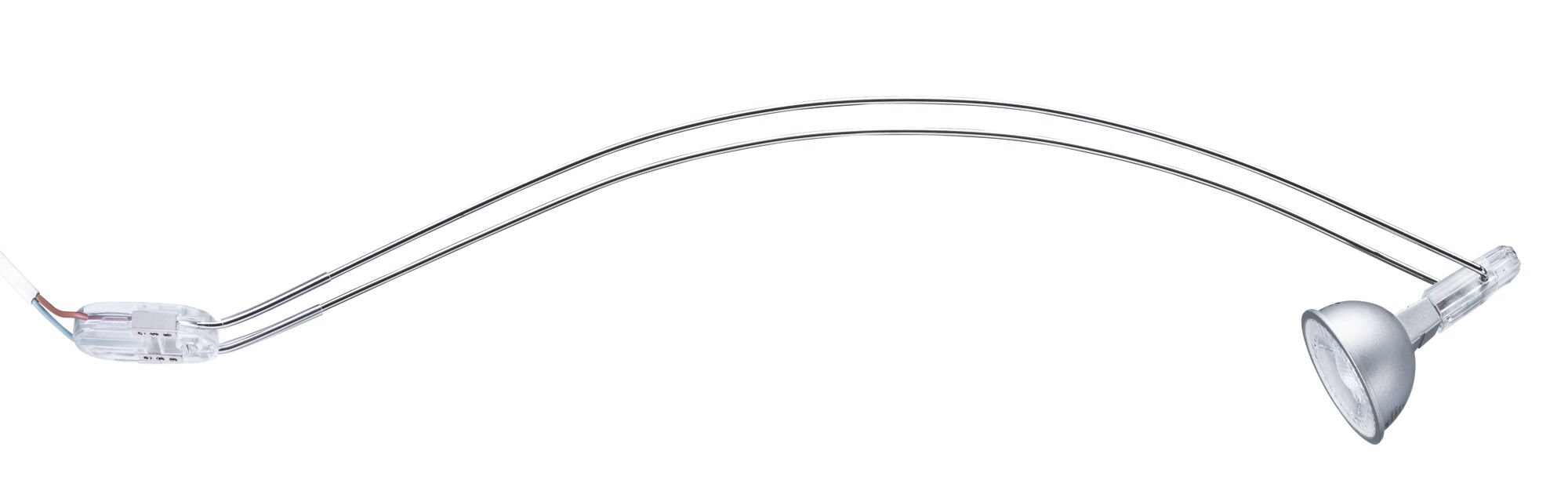 Flexible LED spotlight with silver metal arm and transparent cable connector for focused lighting