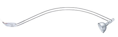 Flexibler LED-Strahler mit silbernem Metallarm und transparentem Kabelanschluss für gezielte Beleuchtung