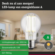 Zichtbare LED-lamp met warm wit licht en ultra-efficiënt energieverbruik tegen groene bosachtergrond