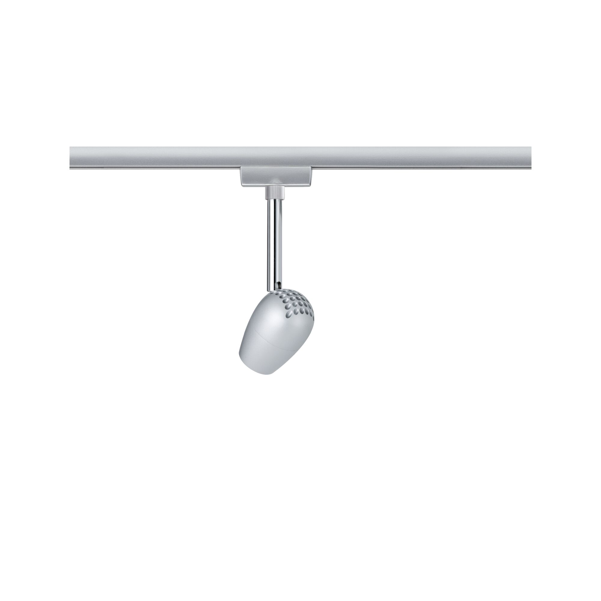 Moderner silberner LED-Strahler aus Metall an Schienensystem für flexible Beleuchtung