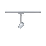 Moderner silberner LED-Strahler aus Metall an Schienensystem für flexible Beleuchtung