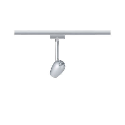 Moderner silberner LED-Strahler aus Metall an Schienensystem für flexible Beleuchtung