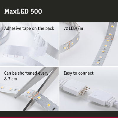 MaxLED 500 LED strip with 72 LEDs/m, adhesive backing, cuttable every 8.3 cm, easy to connect