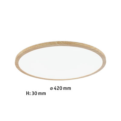 Rund loftlampe med naturlig træramme, 420 mm diameter, 30 mm højde, LED-belysning