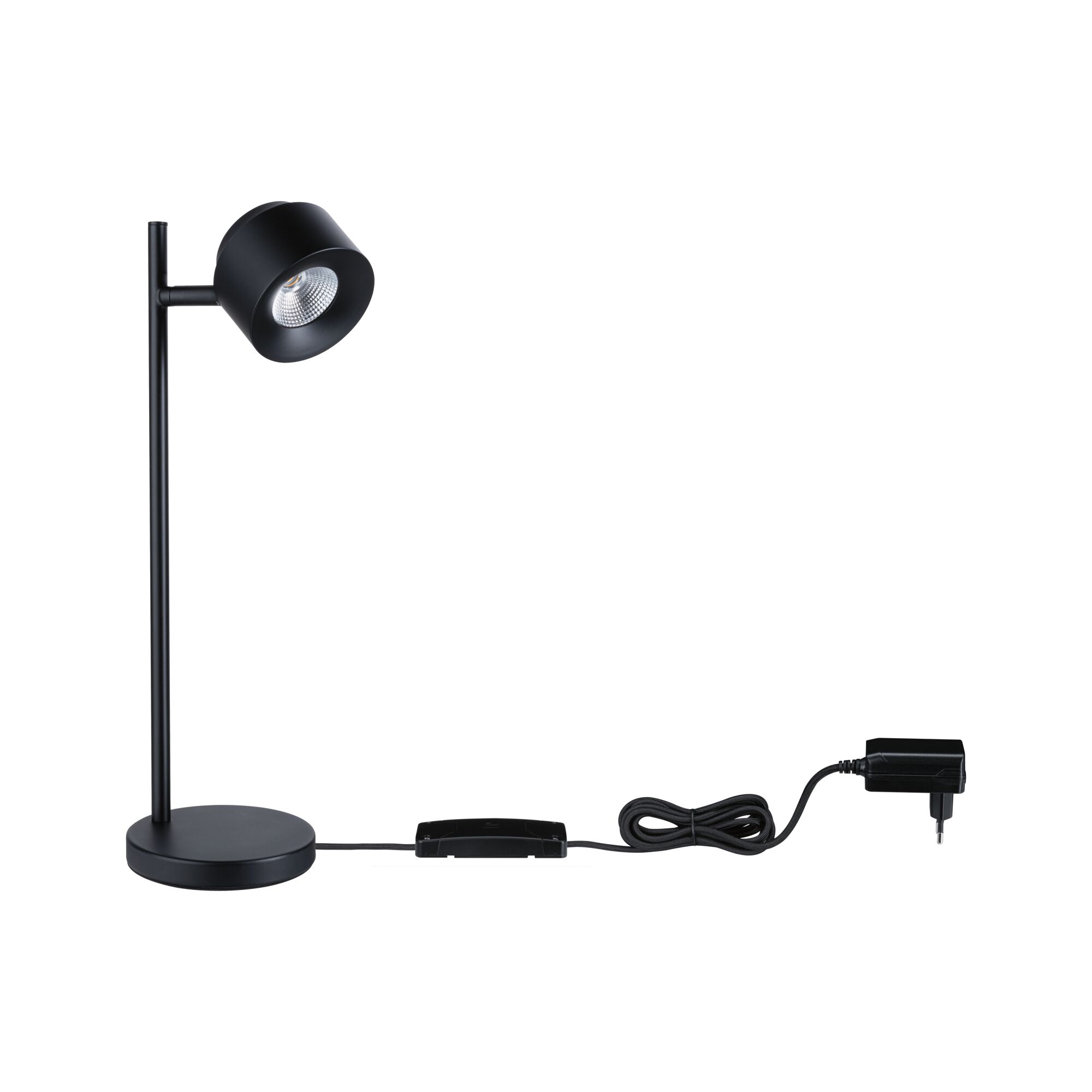 Black metal LED desk lamp with round base and inline switch cable for modern lighting solutions
