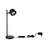 Black metal LED desk lamp with round base and inline switch cable for modern lighting solutions
